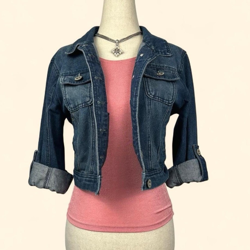 Vintage Y2K Hwy‎ Jeans Cropped Denim Jacket Roll Tab Sleeve Size M